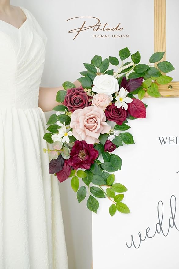 Wedding Decor (Pack of 2) Welcome Sign Flower Backdrop Garland for Ceremony Reception Wall Easel Home Decoration Entryway Faux Outdoor Board Head Table Decor (Burgundy & Dusty Rose)