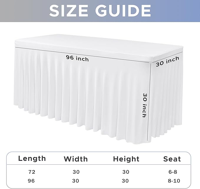 Nasitos White Table Skirt for 8 Foot Rectangle Tables, 2 Pack - 96 x 30 Inch - Stretch Spandex Fitted Table Clothes, Fabric Table Covers Cocktail Tablecloths for Party, Banquet, Birthday