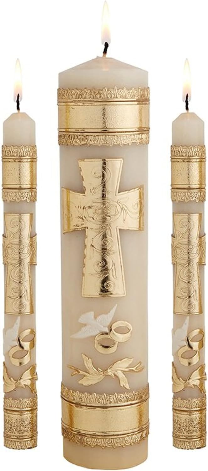 Needzo Wedding Unity Candle Set for Ceremonies, Gold Tone Commitment Candles Ornate Centerpiece for Marriage Reception and Ceremony, 3 Pieces Included
