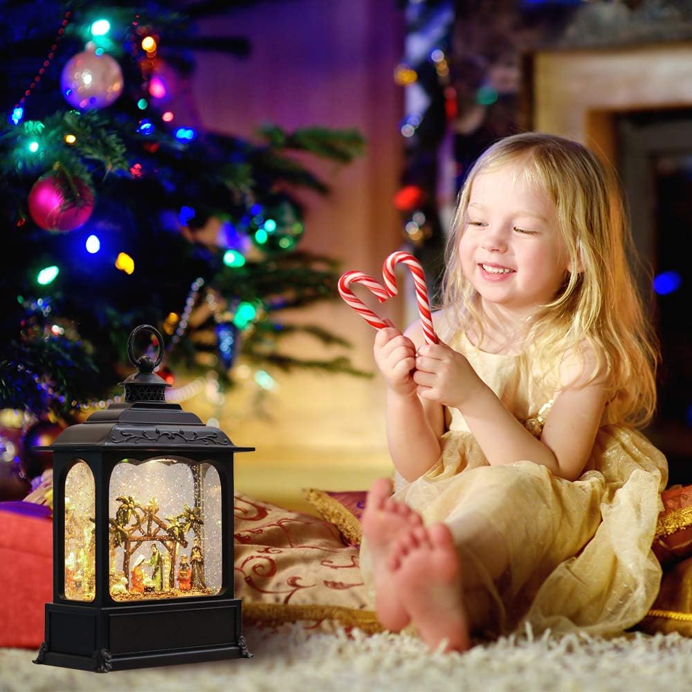 Wondise Christmas Musical Snow Globe Lantern with 6 Hour Timer, 11.2 Inch USB Cord & Battery Operated Spinning Water Glitters Lighted Singing Snow Globe Lantern Christmas (Nativity)