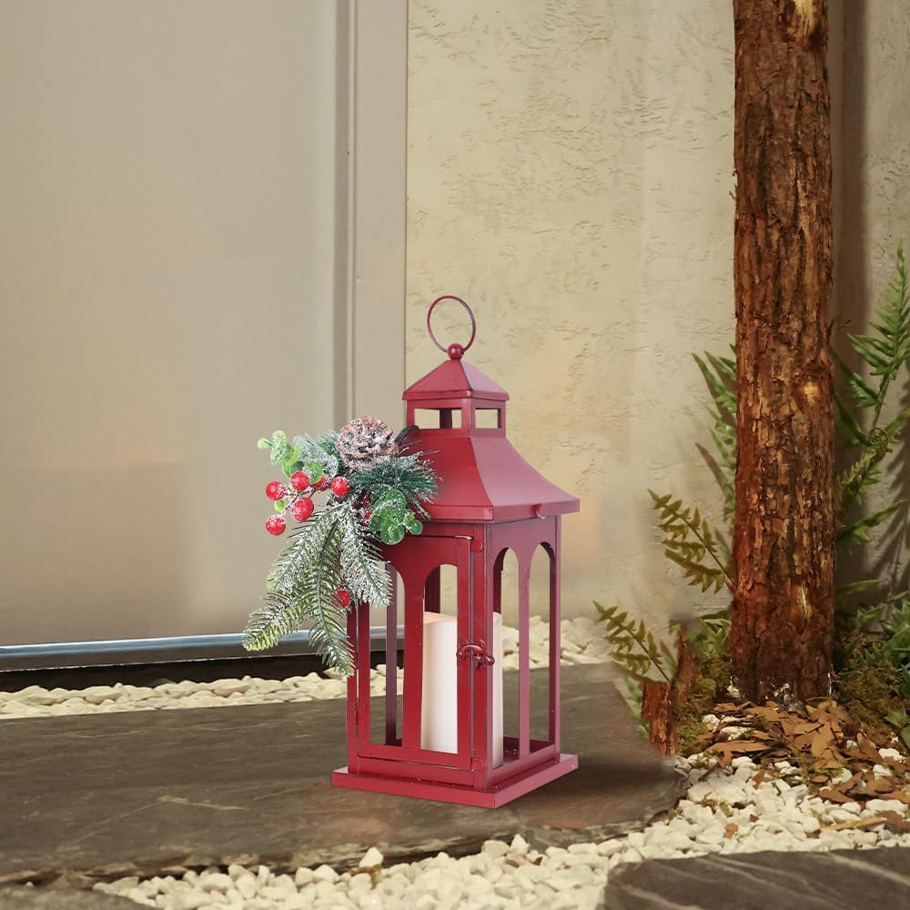 Christmas Decorations for Home, Decorative Christmas Lantern Indoor Outdoor Decor, Metal Hanging Candle Holder with Xmas Teardrop Wreath and LED Candle for Table Centerpieces, Patio (Red)