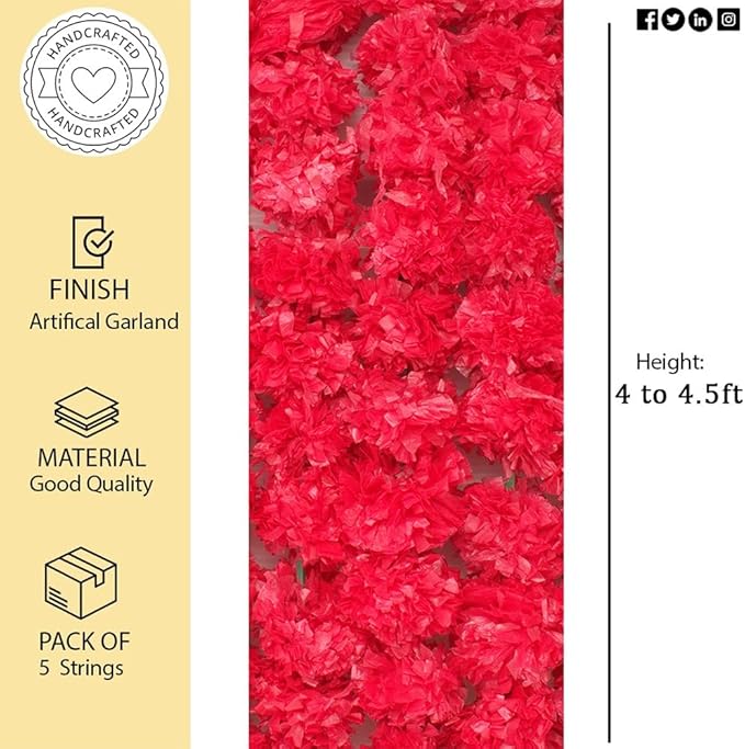 Artificial Marigold Garland for Decoration, Diwali Decorations Pack of 5 - Marigold Garland Flowers for Diwali Pooja -Traditional Indian Decoration (Red 5 PC | 4 to 4.5ft) Hashcart®