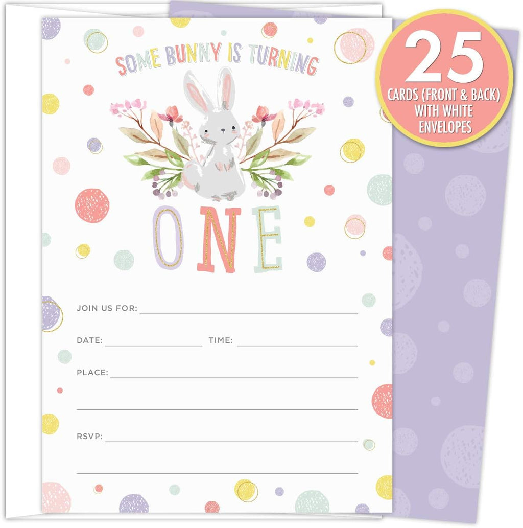 Koko Paper Co Some Bunny is Turning One First Birthday Party Invitations | 25 Invitations and Envelopes | Printed on Heavy Card Stock.