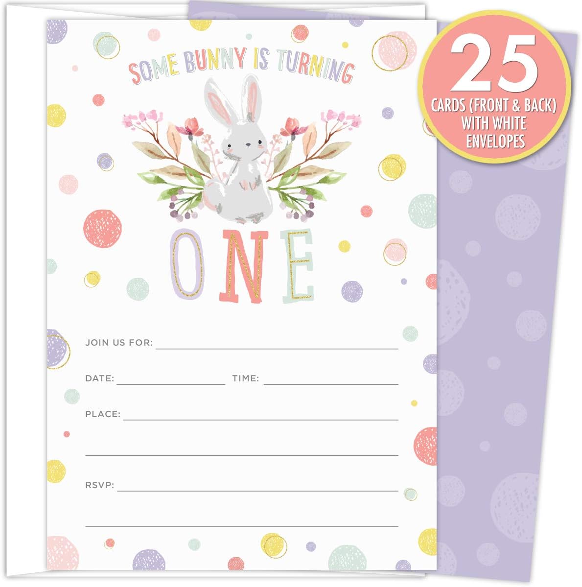 Koko Paper Co Some Bunny is Turning One First Birthday Party Invitations | 25 Invitations and Envelopes | Printed on Heavy Card Stock.