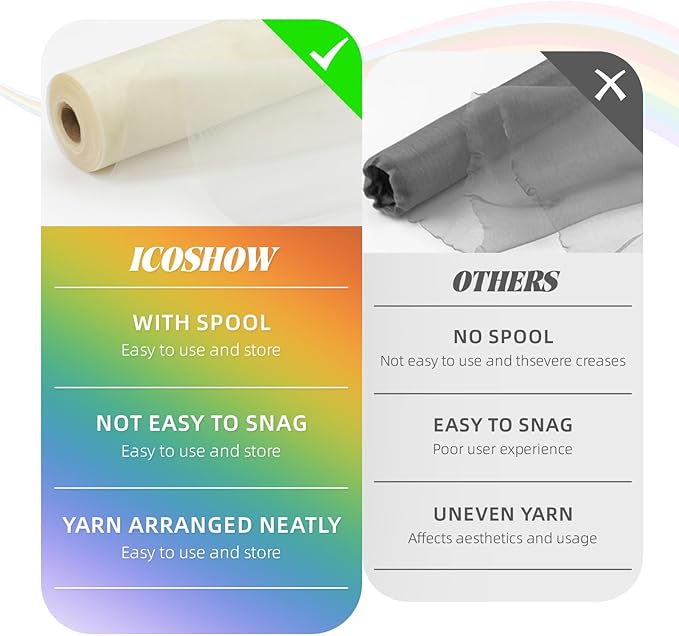 Crystal Organza Fabric Tulle 11 Inch by 50 Yards Sheer Tulle Rolls for DIY Craft Wedding Party Baby Shower Decor Gift Wrapping Party Supplies (Ivory)