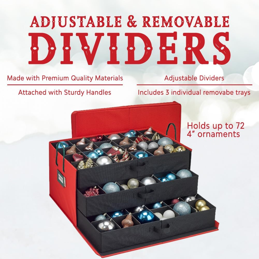 HOLDN’ STORAGE Christmas Ornament Storage Box with Dividers, Holds Up to 72 Ornaments (4 Inches), Large Organizer with 3 Stackable Trays - Red