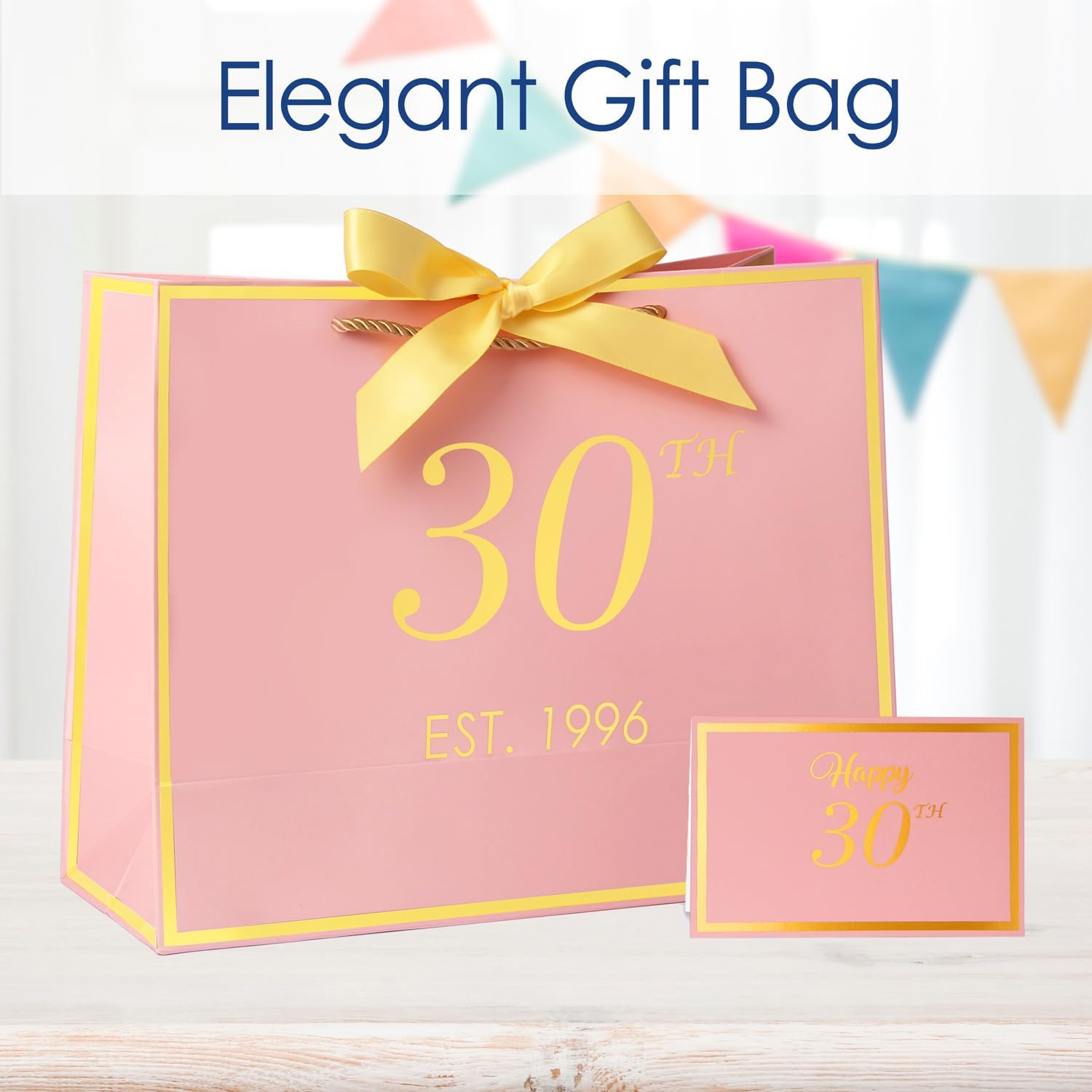 momoake 30th Birthday Gift Bag with Card and Tissue Paper for Women/Her, 1996 30 Year Old 13" Elegant Pink Gold Anniversary Keepsake Party Present Shopping Paper Bags for 30th Birthday Decorations
