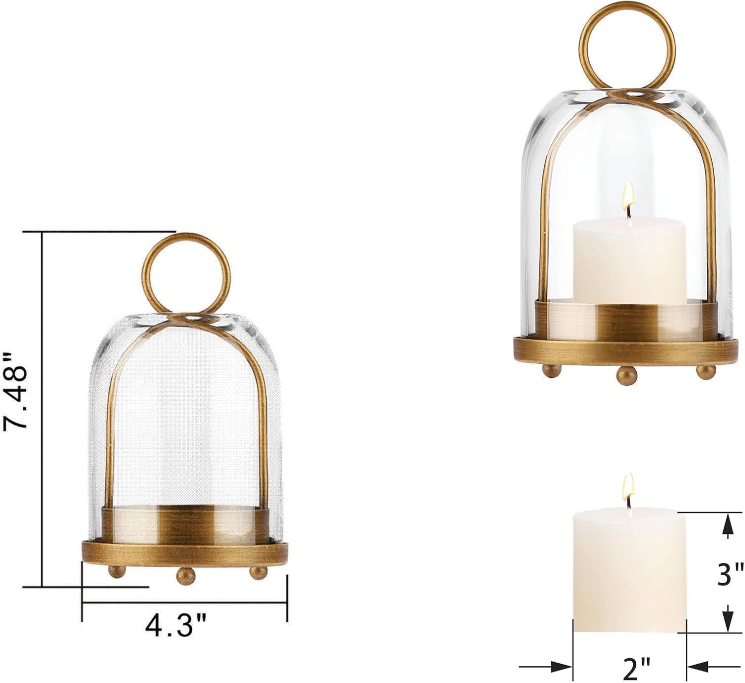 7.5" High Versatile Modern Metal Hurricane Lantern with Handmade Sturdy Glass Dome in Vintage Brass for 2" Pillar Candle & Plants, Industrial, Farmhouse, Shabby Chic (Brass, 4" x7.5 for 2" Pillar)