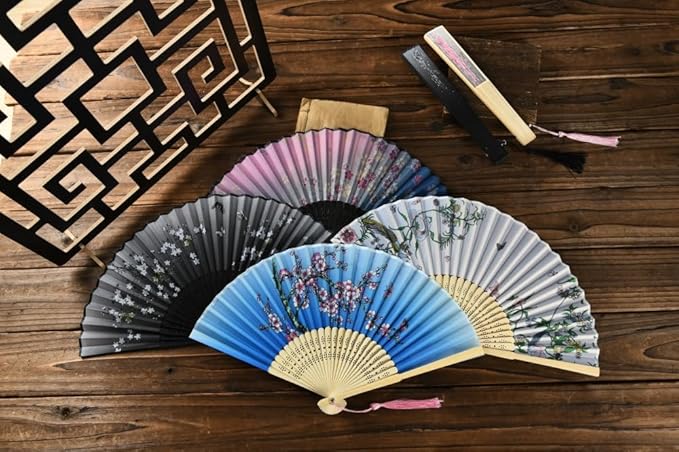 HUNANBANG 4 Pieces Oriental Bamboo Folding Hand Fans Church Wedding Gift, Party Favors, DIY Decoration Gift Size 8 1/4" Wholesale 10pack (Bamboo Assorted 4pack)