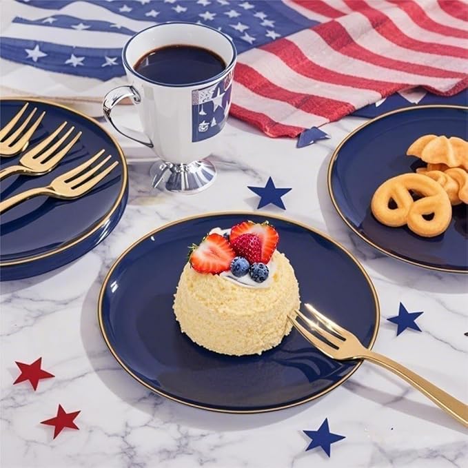 Festiva 200Pcs Navy Blue Gold Dessert Plates 6.3" with Plastic Forks 5"- Small Disposable Plates- Dessert/Cake/Appetizer Plastic Plates include 100Plates 100Forks for Christmas Party & Hanukkah