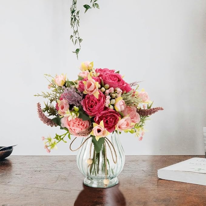 Artificial Peonies Silk Flowers Bouquet in Glass Vase Faux Flowers Bouquets Modern Penoy Arrangement for Home Decoration Table Centerpiece (Bouquet-Rose Red)