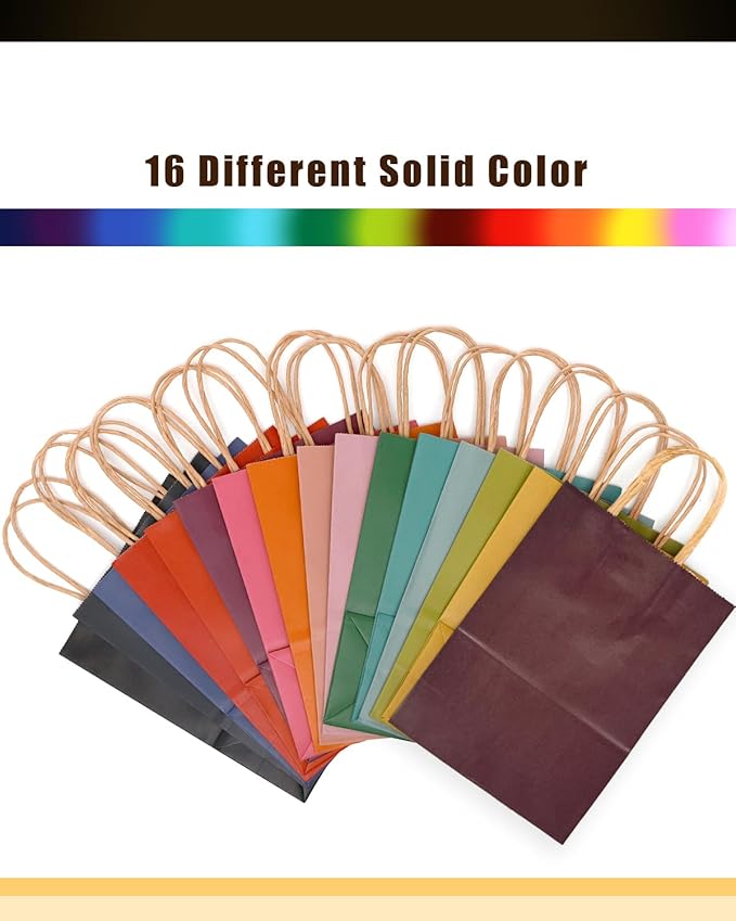 qiqee Small Size Paper Gift Bags With Handles 8.3"x6"x3.15" 16 Solid Colors Party Favor Bags（16-Packs）