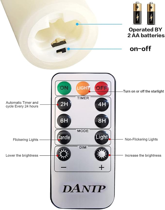 LED flameless Candle, with Embedded Starlight String,（ danip)5-Piece LED Candle, with 10-Key Remote Control, 24-Hour Timer Function, Dancing Flame, Real Wax, Battery-Powered. (Ivory White)