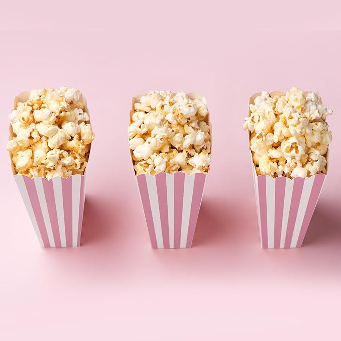 50 Pcs Pink Popcorn Boxes Mini Paper Popcorn Box Cardboard Container for Party Disposable Snack Candy for Movie Nights Birthday Wedding (Pink,White)