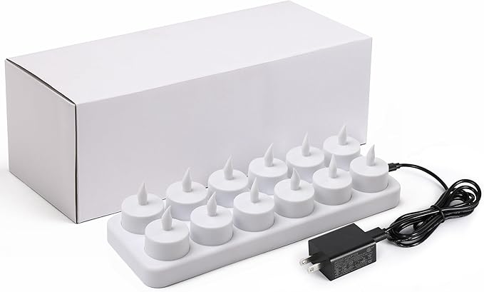 WoneNice USB Rechargeable Flameless Candles, 12 Pack LED Tea Lights with Charging Dock & AC Adapter, Safe Battery Operated Fake Votive for Wedding Christmas Lanterns Emergency Home Decor