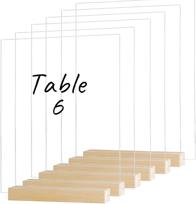 6 Pack 8x10 Inch Frosted Arch Acrylic Sign with Stands, Frosted Acrylic Table Signs, Arched Round Top Sheet, DIY Arch Blank for Wedding Table Number Menu Bar List Sign (Square Clear, Wood Stand)
