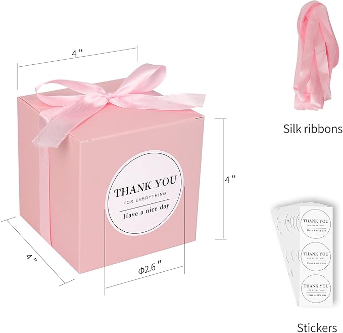 COTOPHER Small Gift Boxes 60 Pack 4x4x4 inches Pink Gift Boxes with Lids for Gifts, Crafting, Wedding Party Favor, Cupcake Boxes, Candy, Bridesmaids Proposal Box with Ribbons and Stickers (Pink, 60