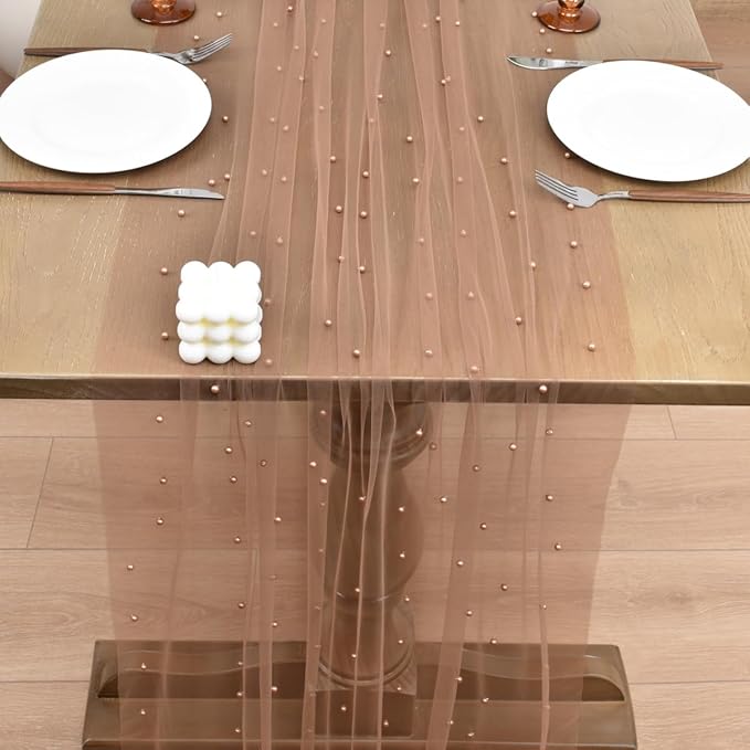 Joanlody Fall Pearl Table Runner 10ft Rustic Boho Tulle Table Runner with Pearls for Baby Shower Wedding Party Veil Dessert Thanksgiving Table Decor Coffee 4pcs