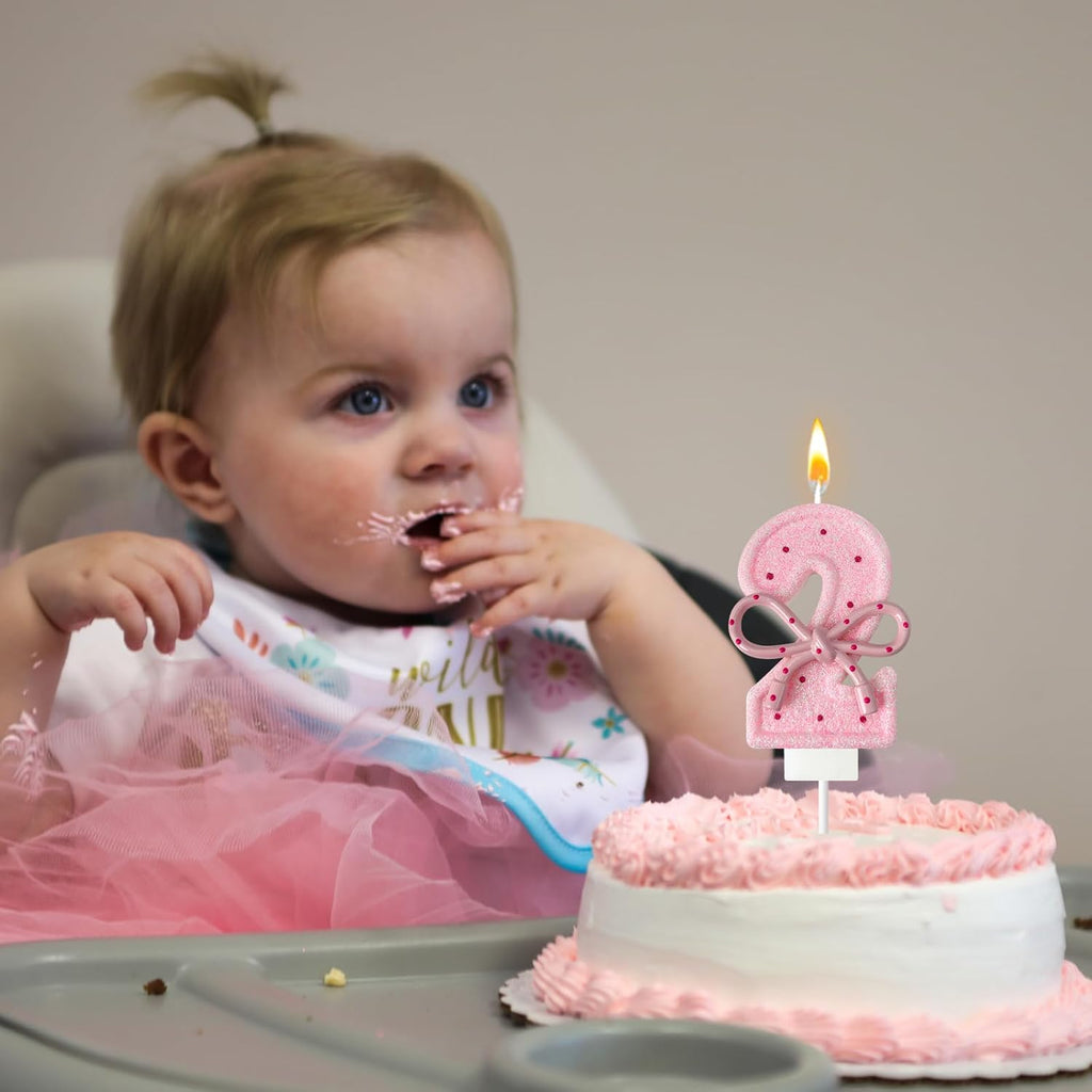 Pink Birthday Candles with Bows, 3.3 Inch Birthday Candles for Cake Decorations, Cute Anniversary Celebration Supplies for Girls and Women (2)