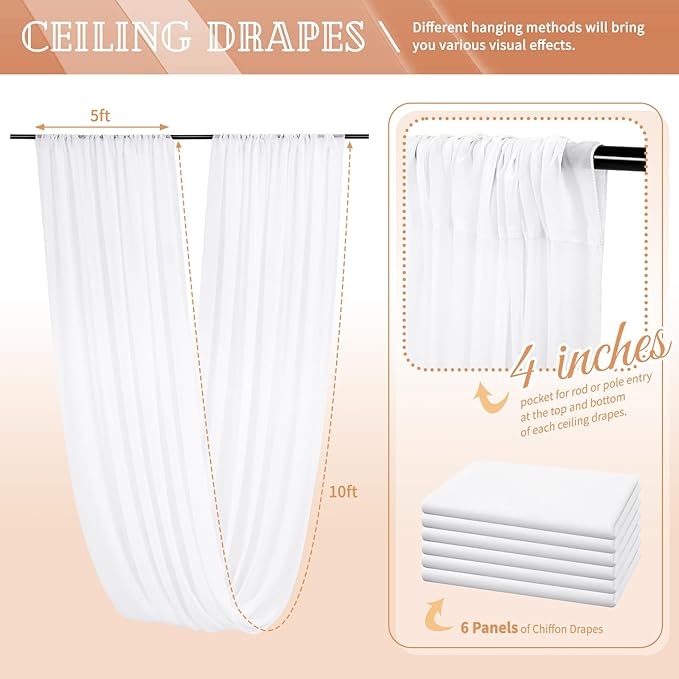 6 Panels White Ceiling Drapes for Wedding 5ftx10ft Sheer Drapery Chiffon Fabric Arch Draping Curtains for Party Ceremony Birthday Baby Shower Reception Stage Ceiling Decorations