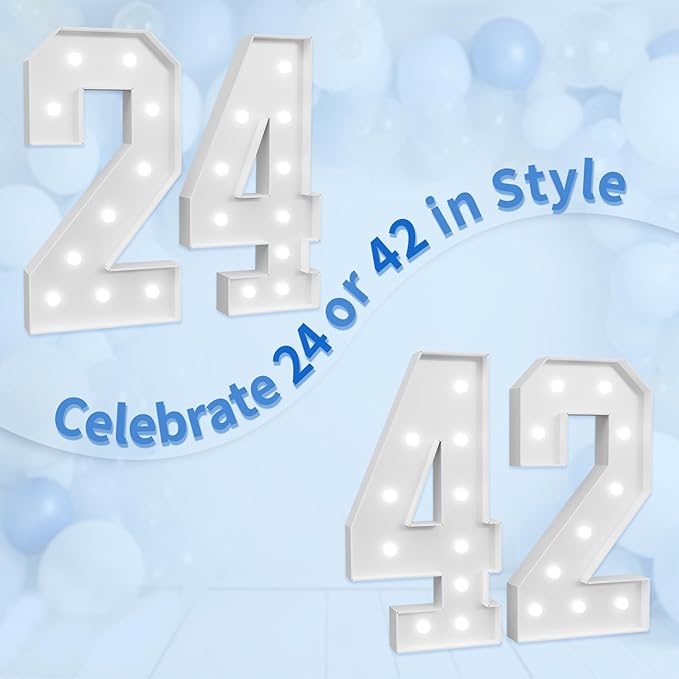 Marquee Numbers Large 42nd-Birthday Decorations: 4ft Light Up Number Party Decor 42 Year Old Women And Men 24th Birthday Decoration Backdrop 24 Anniversary Cardboard Big Mosaic Balloon Frame Number 42