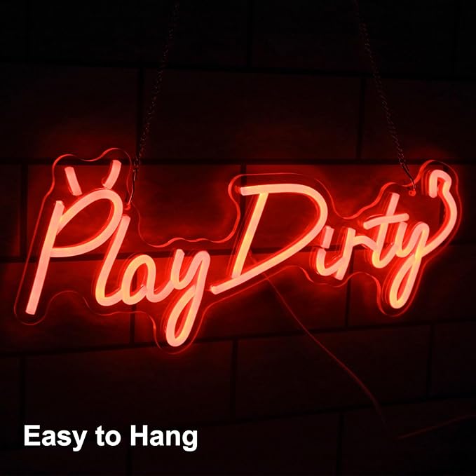Play Dirty Neon Sign Red Letter LED Neon Lights Signs Devil Neon Signs for Wall Decor Satan Neon Lights for Bedroom Dimmable Red Words Neon Light Up Sign for Bar Man Cave Party Decor