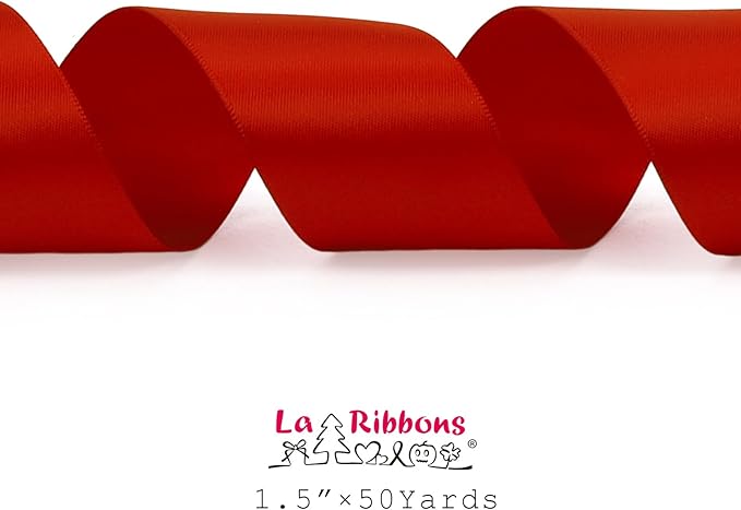 LaRibbons 1 1/2 Inch 50 Yard Double Faced Satin Ribbon,Red Satin Craft Fabric Ribbon for Gift Wrapping Floral Bouquets Wedding Party Decoration