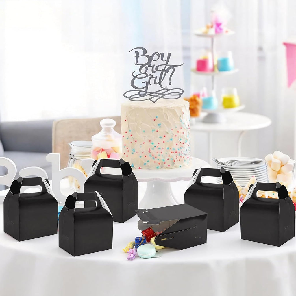 Hooqict 24 Pack Black Party Favor Treat Boxes Paper Gable Gift Boxes with Handles for Party Favors Snack Goodie Candy Cookie Desserts, 6.7x5.1x3.5 Inch