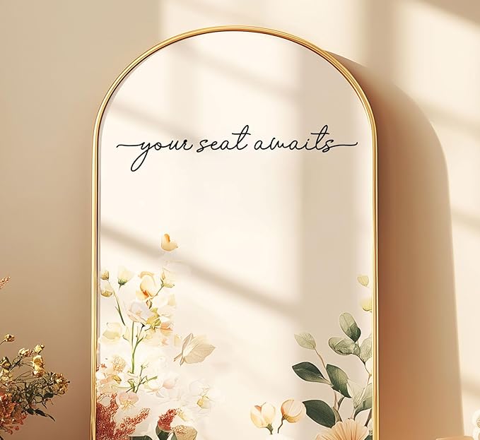 Your Seat Awaits Vinyl Decal, Wedding Seating Sticker, Mirror Decal for Seating, Please Find Your Seat Signs, Wedding Decor Sign (Black, Width 20")