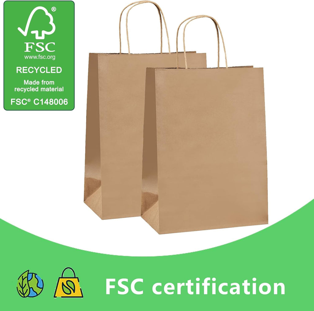 vanhel 100 Pack Brown Paper Bags with Handles,8x4.25x10.5 Inches,Gift Bags Medium Size,Gifts Bag Bulk for Festival,Birthday,Favor,Party,Shopping,Retail Merchandise.