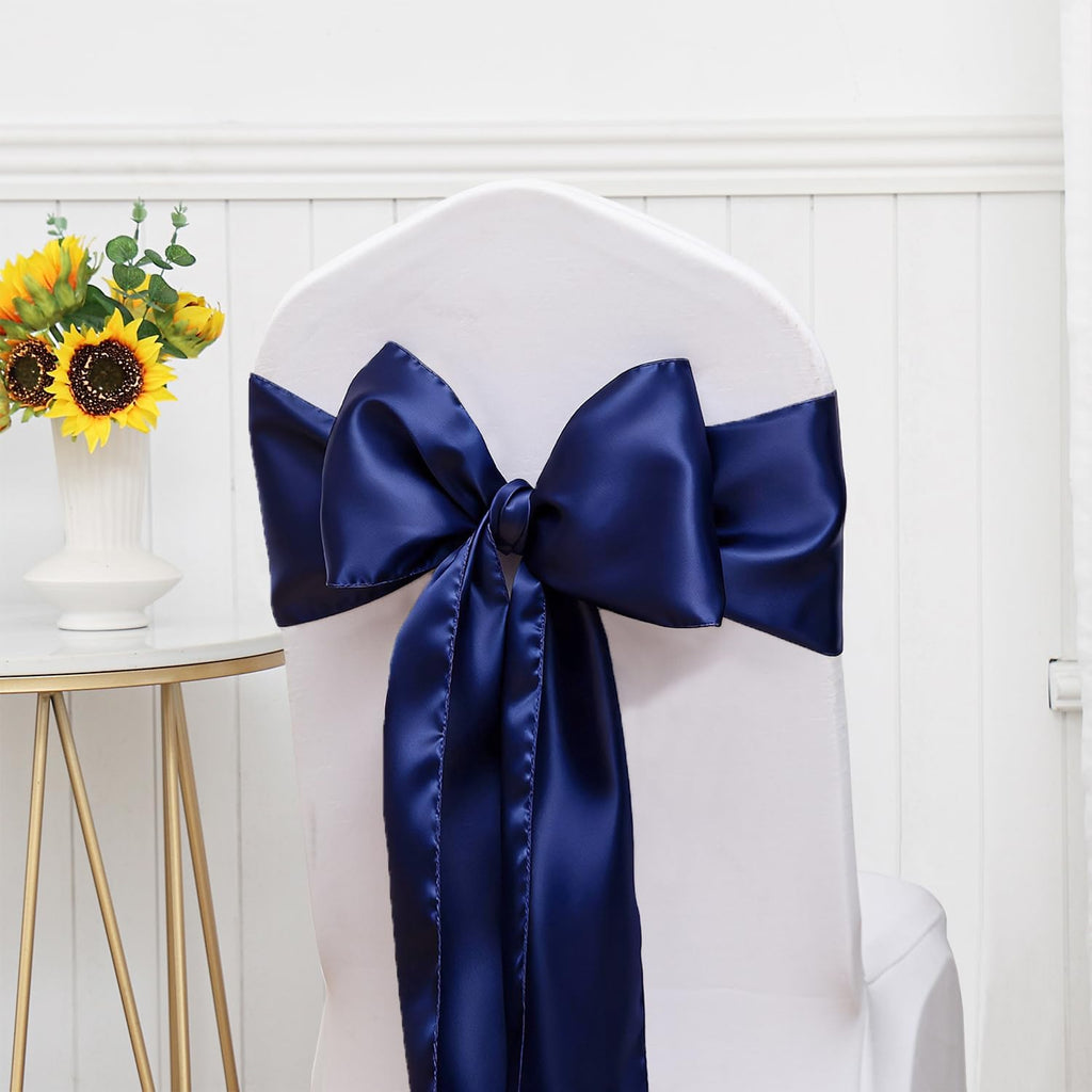 Pack of 50 Satin Navy Blue Chair Bows Sashes 7 X 108 Inch Universal Navy Chairs Ribbons for Wedding Anniversary Ceremony Birthday Party Engagement Banquet Restaurant Event Decorations