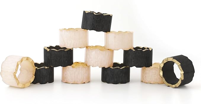 12 Pcs Rustic Epoxy Resin Napkin Rings - Napkin Holders for Parties, Dining, Family Gatherings, Weddings, Holidays, Décor, Gifting - Durable Tabletop Decor (Ivory Black) - CLEENTABLE