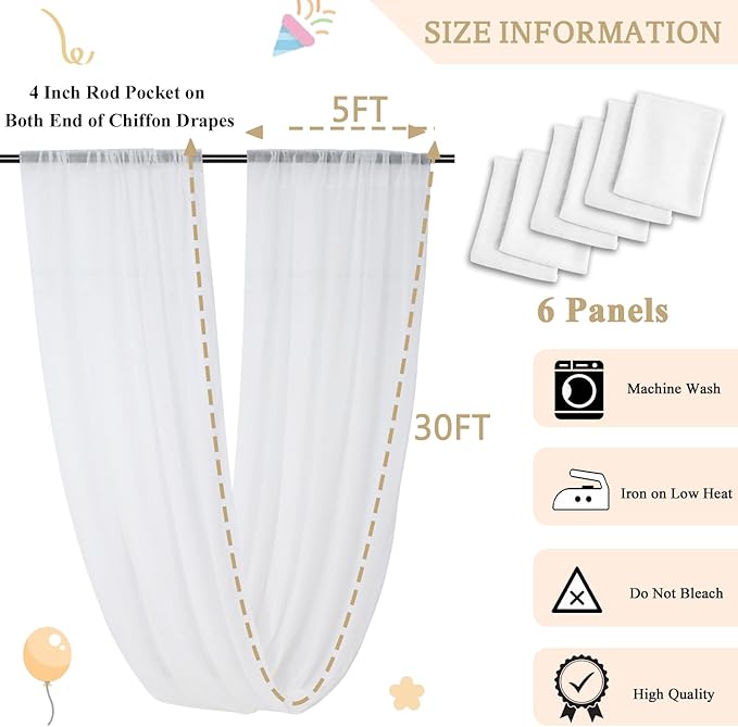 MODFUNS Ceiling Drapes for Parties White Sheer Chiffon Curtains 5x30FT 6 Panels Wedding Arch Drapes Fabric Sheers Arbor Drapery Tulle Ceiling Covering Fabric for Ceremony Stage Arbor Ornament