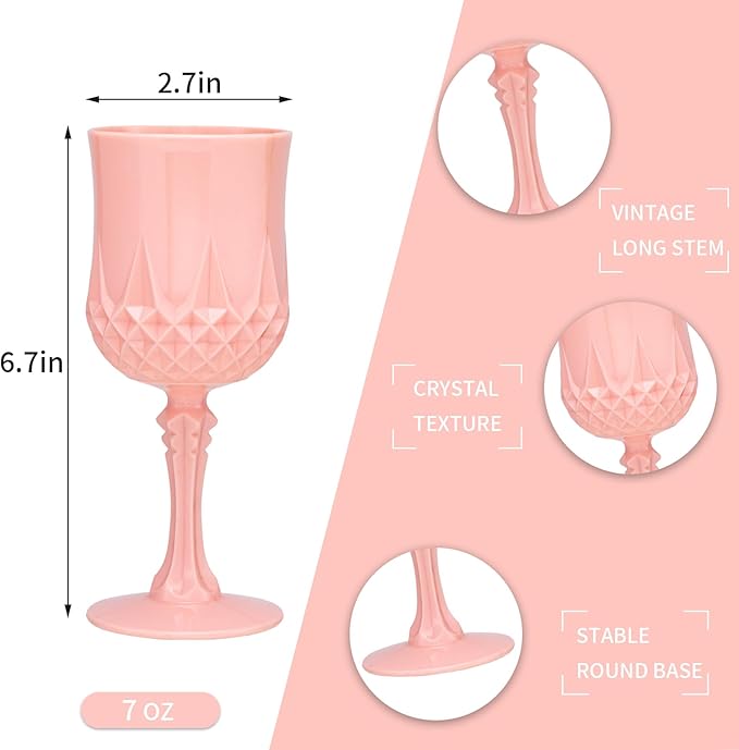 Plastic Vintage Wine Glasses 7OZ Plastic Goblets Vintage Drinking Glasses 24PCS Retro Wedding Glassware Water Goblets Reusable Drinking Cups for Party,Reception,Celebration,Bar,Whiskey(Light Pink)