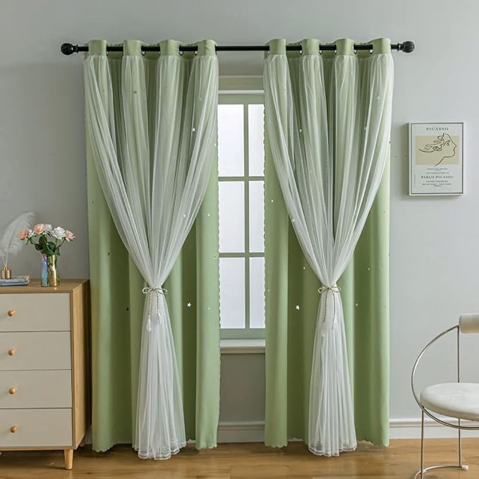 FANLI 2 Panels Star Blackout Curtains for Kid Girls Bedroom Living Room Darking Stripe Double Layer Star Cut Out Wall Home Decor Gradient Grommet Window Curtains (Green 63L)