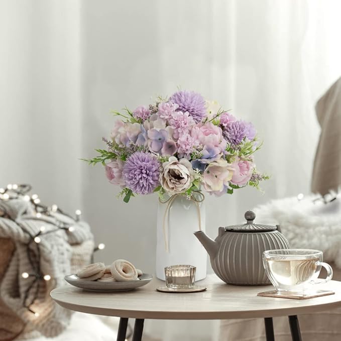 LESING Artificial Peony with Vase Silk Flowers Bouquets Fake Hydrangea Bulks for Home Table Centerpieces Wedding Decoration(Purple-1)