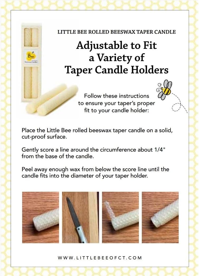 8" Hand Rolled Beeswax Taper Candle - Little Bee of Connecticut (One Pair) | Fits Any Size Taper Holder - 9 to 10 Hour Burn Time Each - 100% Cotton Wick - Made in Connecticut - 100% Pure Beeswax Candle