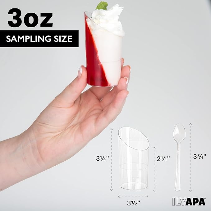 Ilyapa 3oz Plastic Dessert Cups - 100 Pack Mini Dessert Cups with Spoons - Clear Reusable Small for Cheesecake Shooters, Chocolate Mousse, Parfait - Party and Catering Supplies - Slanted