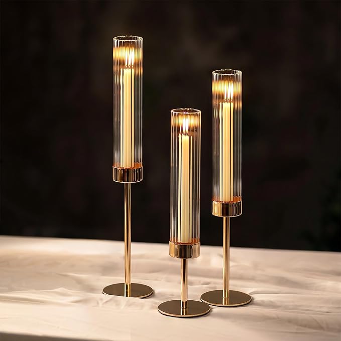 NUPTIO Tall Candlestick Holders for Centerpiece: Hurricane Candle Stick Holders with Ribbed Glass Sleeve - Gold Metal Candleholder Set of 3 for Table Fireplace Living Room Decor