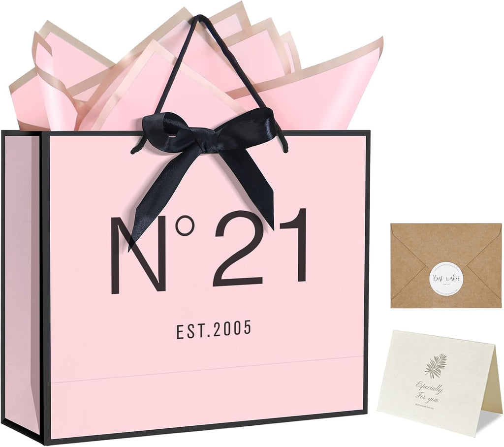 QLSKO 13" Birthday Gift Bag with Card Envelope Sticker Bow Ribbon and Tissue papers for Women Girls Design with Handles,13th-100th (EST.2005 21st, 13" W x 10.5" H x 4.3" D)