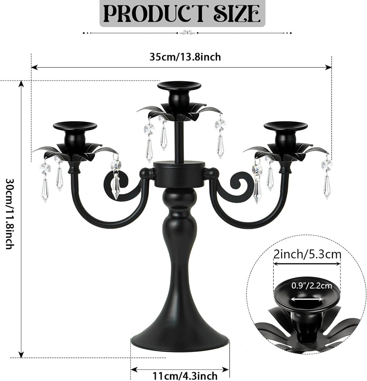 Metal 3 Arm Candelabra with Crystal Pendants - 11.8 Inch Tall Candle Holders,...