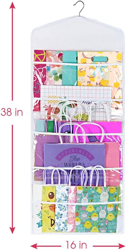 Gift Bag and Tissue Paper Storage, Hanging Organizer with Multiple Front and Back Pockets Double Sided, Organize Gift Wrap and Paper Bags 38 x 16 Inch (White)