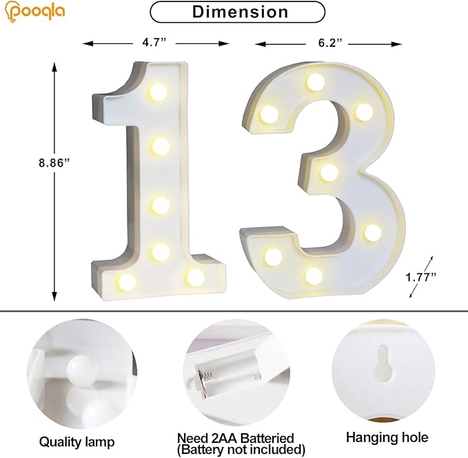 Pooqla 13th Birthday Decoration for Girls Boys, Decorative LED Light Up Numbers, Marquee Numbers 13 Sign for Party Backdrop 13th Wedding Anniversary Decor, Warm White and Cool White Number 13