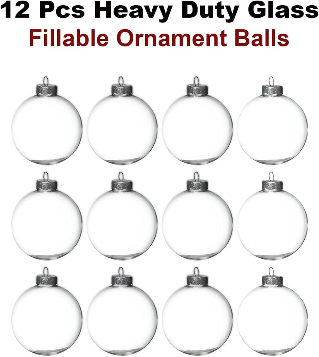 4E's Novelty 12-Pack 3.15 Inch Clear Glass Christmas Ornament Balls - Fillable with Hanging Cord, DIY Glass Ornaments for Xmas Tree