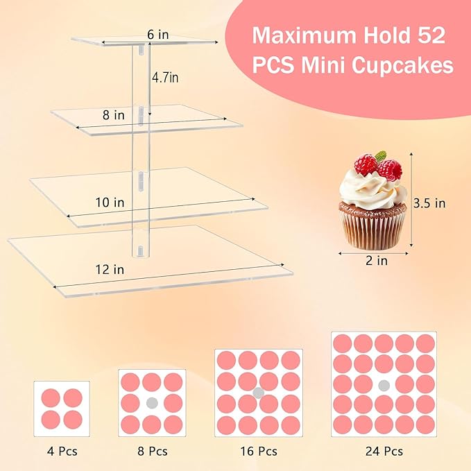 YestBuy 4 Tier Acrylic Cupcake Stand, Premium Cupcake Holder, Acrylic Cupcake Tower Display Cady Bar Party Décor â Display for Pastry(4.7" Between 2 Layers)