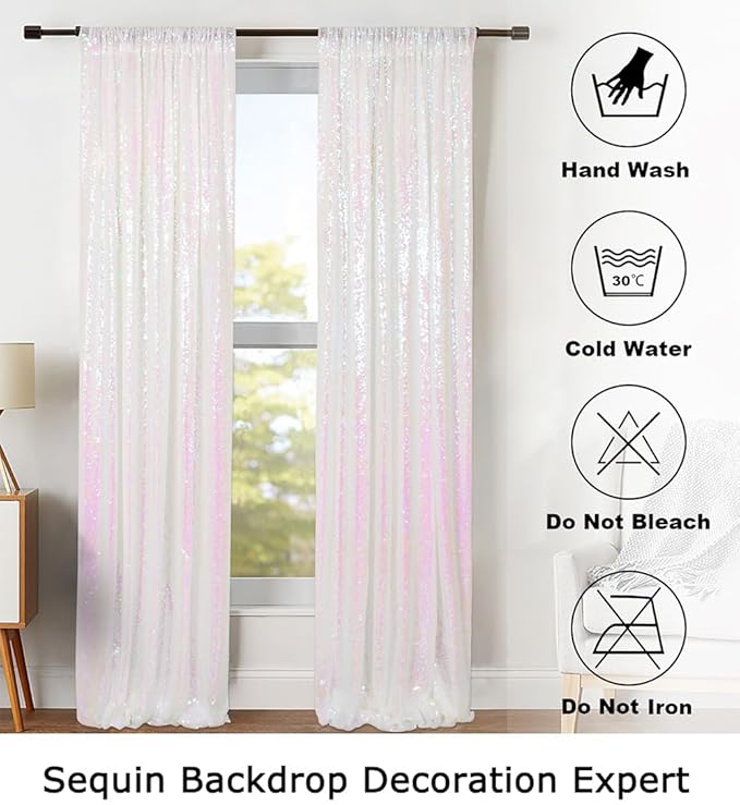 ShinyBeauty Sequin Backdrop Curtains 2FTx8FT 4 Panels Iridescent White - Sparkly Photo Background for Wedding, Party, Event Decor, Mermaid Shimmer Wall Backdrops