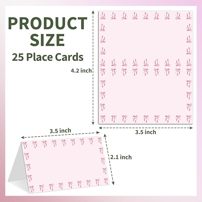 25 Bow Place Cards for Table Seating, Pink Wedding Name Place Card, Tent Cards for Birthday Bridal Shower Baby Shower Reception Dinner Party Decorations -A21