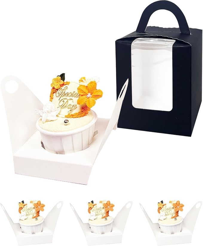 Bakepacker Auto-pop up Individual Cupcake Boxes with Window 60 Count Black Single Cupcakes Box 3.6 x 3.6 x 4.3inch Cupcake Carrier