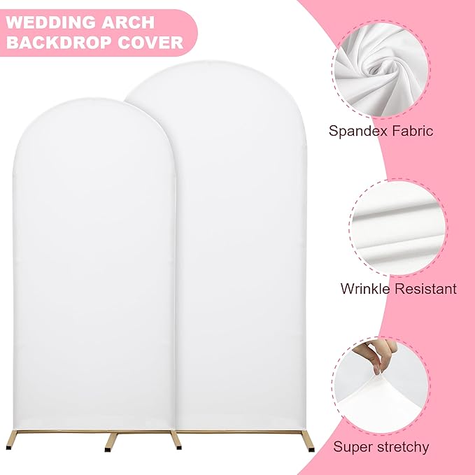 Wedding Arch Covers Arch Backdrop Cover Arch Stand Covers 7.2FT 6FT Set 2 Arch Cover Spandex Fabric Stretchy Backdrop for Wedding Birthday Party Decoration Baby Shower (White, Cover Only)