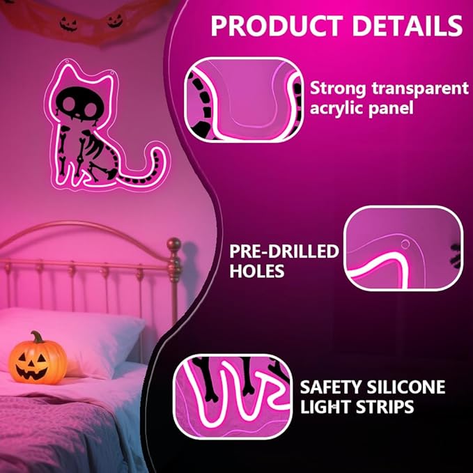 Cat Neon Sign,Pink Dimmable LED Light Signs for Wall Art Decor,Halloween Backdrop for Bedroom Club Party,Animal Gift for Boys Girls Teen USB Powered（11.8"*11.6"）